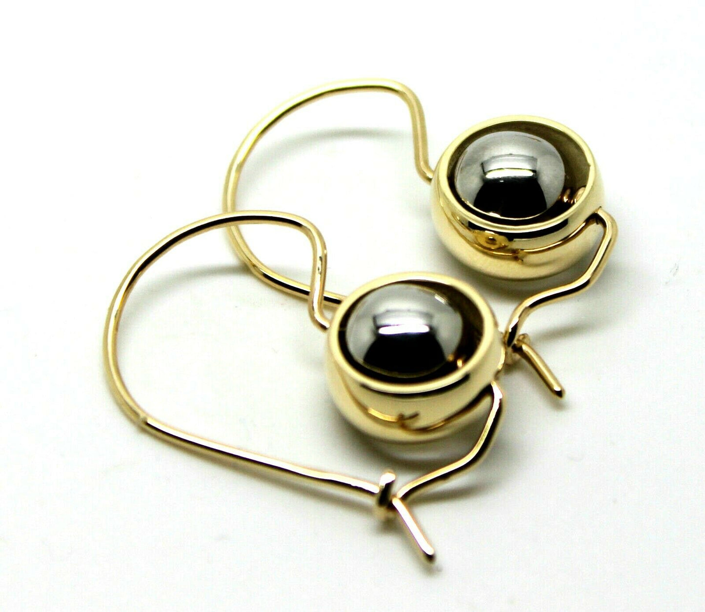 Genuine 9ct 9kt White & Yellow Gold Spinning Belcher Ball Drop Earrings