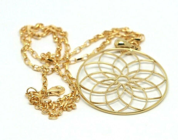 Genuine 9ct Yellow Gold Flower of Life Pendant + Belcher Necklace