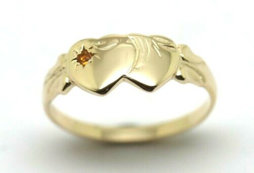 Genuine 9ct Yellow Gold Double Heart Yellow Topaz November Birthstone Signet Ring In your size