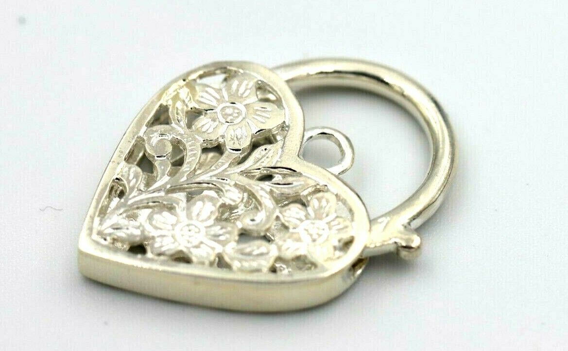 Large Sterling Silver Filigree Flat Heart Padlock Pendant 20mm