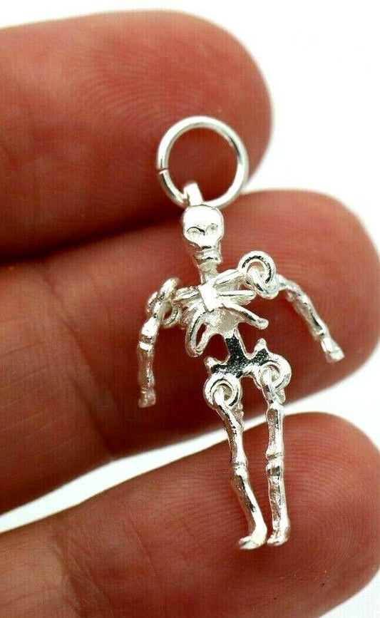 Sterling Silver Moving Skeleton Movable Pendant Charm Halloween Skull