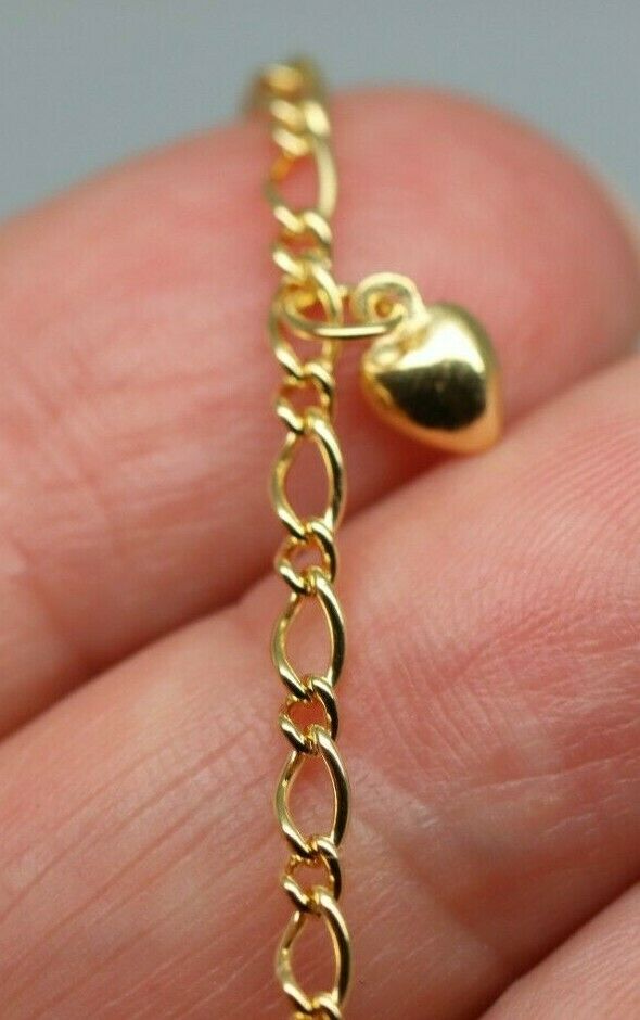 Genuine 9ct 9k Solid Yellow Gold 25cm Oval Figaro Anklet with Heart Charm