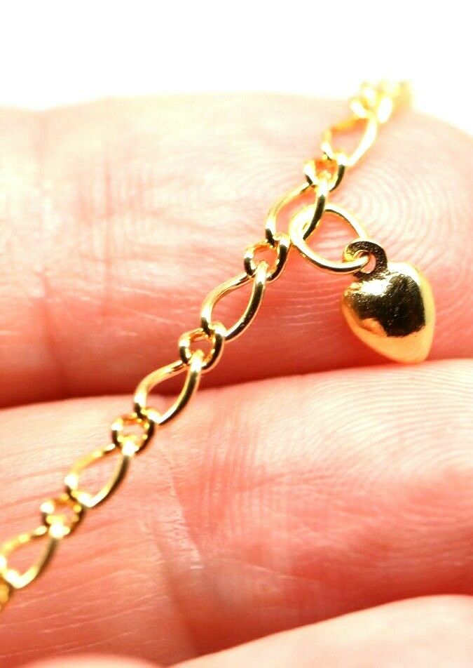 Genuine 9ct 9k Solid Yellow Gold 25cm Oval Figaro Anklet with Heart Charm