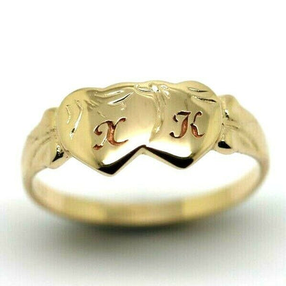 Genuine 9ct 9k Yellow, Rose or White Gold Double Heart Signet Ring + Engraving 2 initials