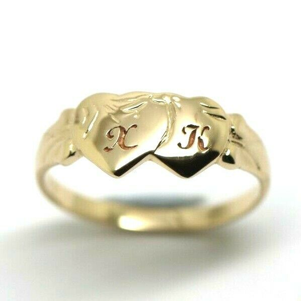 Genuine 9ct 9k Yellow, Rose or White Gold Double Heart Signet Ring + Engraving 2 initials