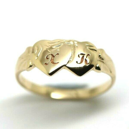 Genuine 9ct 9k Yellow, Rose or White Gold Double Heart Signet Ring + Engraving 2 initials