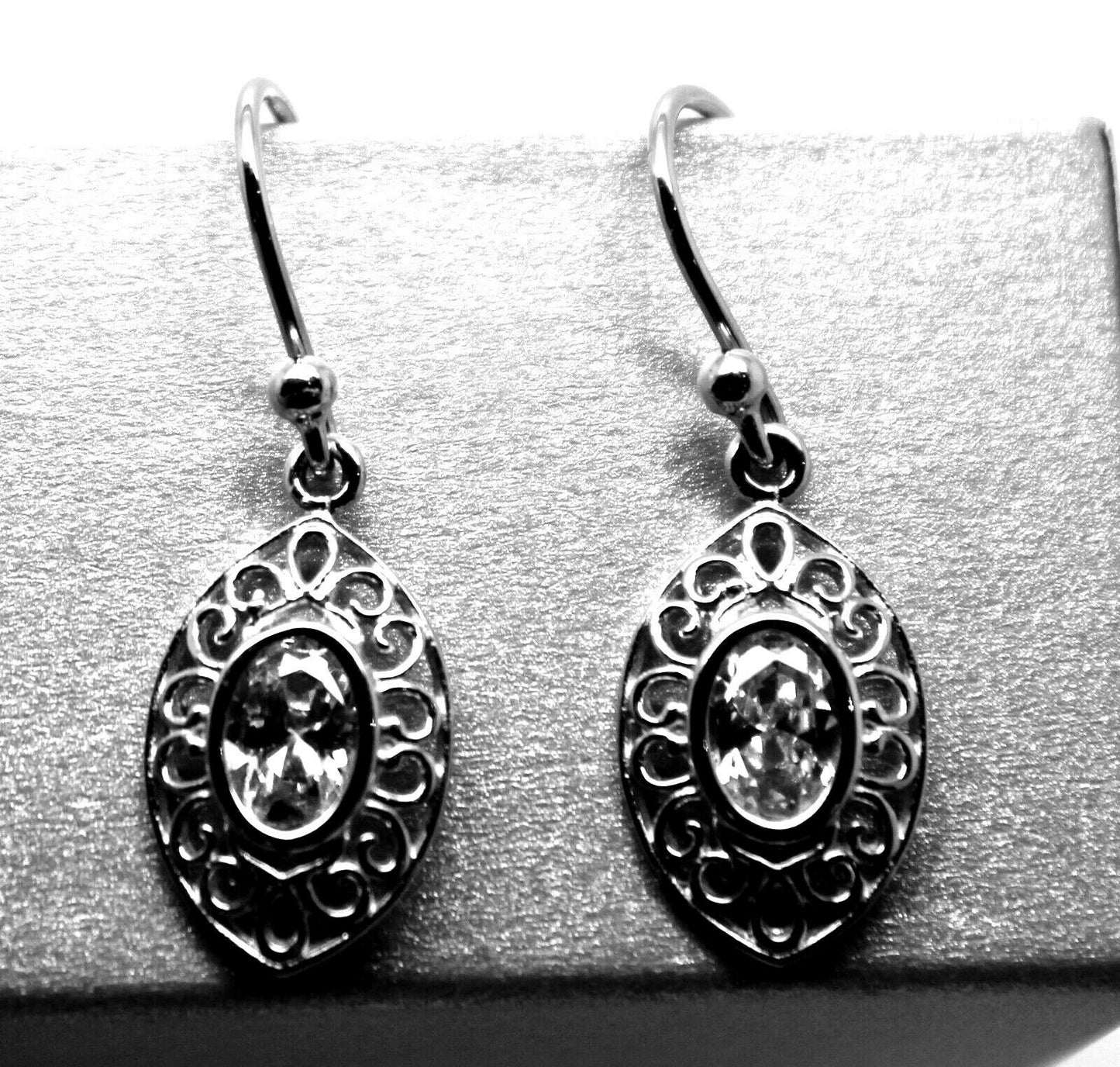 Genuine 9ct 9k Yellow Or White Or Rose Gold White Stone Set Filigree Hook Earrings