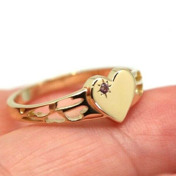 Genuine 9ct Yellow Gold 375 Amethyst (Birthstone Of February) Etched Heart Signet Ring