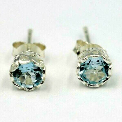 Genuine Sterling Silver 925 5mm Natural Blue Topaz Filigree Bezel Studs Earrings