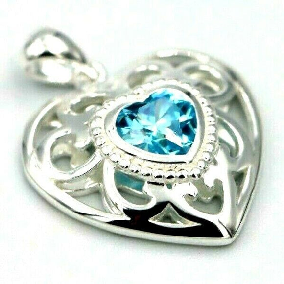 Sterling Silver 925 Filigree Heart Cubic Zircon Blue Pendant