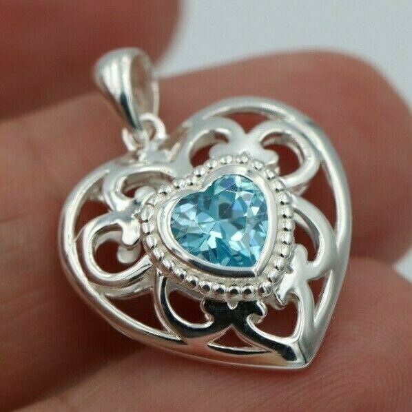 Sterling Silver 925 Filigree Heart Cubic Zircon Blue Pendant