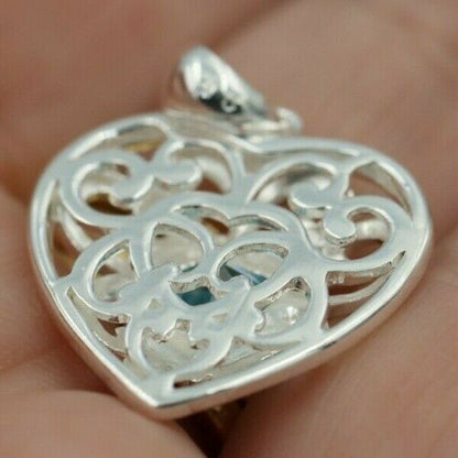 Sterling Silver 925 Filigree Heart Cubic Zircon Blue Pendant