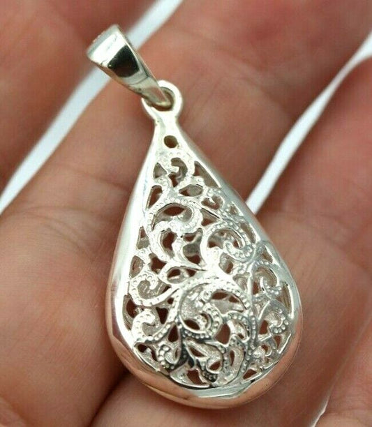 Genuine Sterling Silver 925 Large Teardrop Filigree Pendant