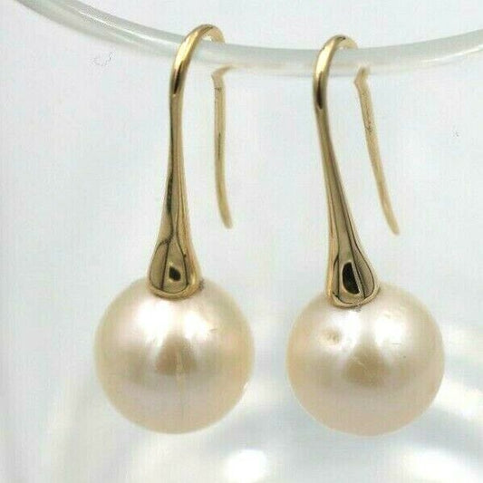 Genuine 9ct Yellow, Rose or White Gold Round White Freshwater Pearl Long Hook Earrings