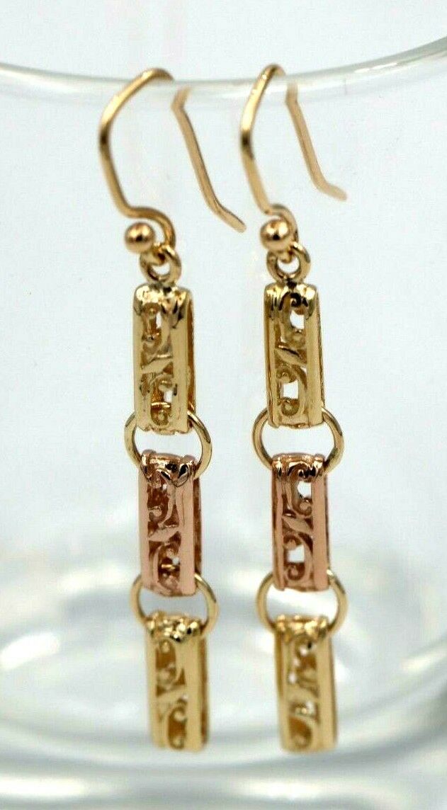 Two Tone 9ct Rose & Yellow Gold Long Engraved Belcher Rings Links Earrings Hooks