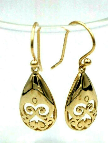 Genuine 9ct Yellow, Rose or White Gold Earrings Filigree Scroll Flower Teardrop Hook Earrings