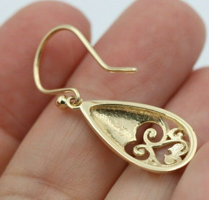 Genuine 9ct Yellow, Rose or White Gold Earrings Filigree Scroll Flower Teardrop Hook Earrings