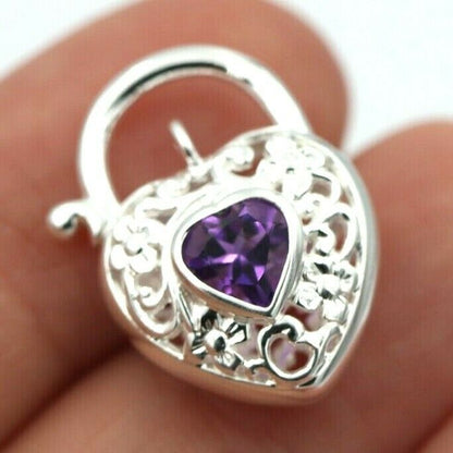 Sterling Silver Filigree Natural Amethyst Filigree Heart Padlock 15mm