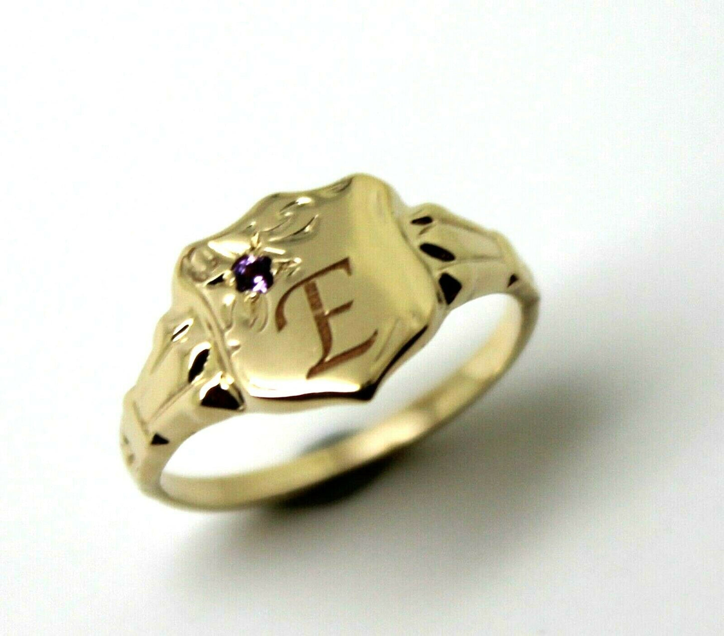 9ct Small Yellow Gold Amethyst Shield Signet Ring + Engraving Of One Initial - Choose your size