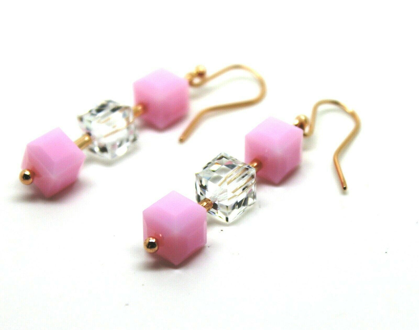 9ct 9k Rose Gold 8mm Rose Drop Pink & Crystal Earrings