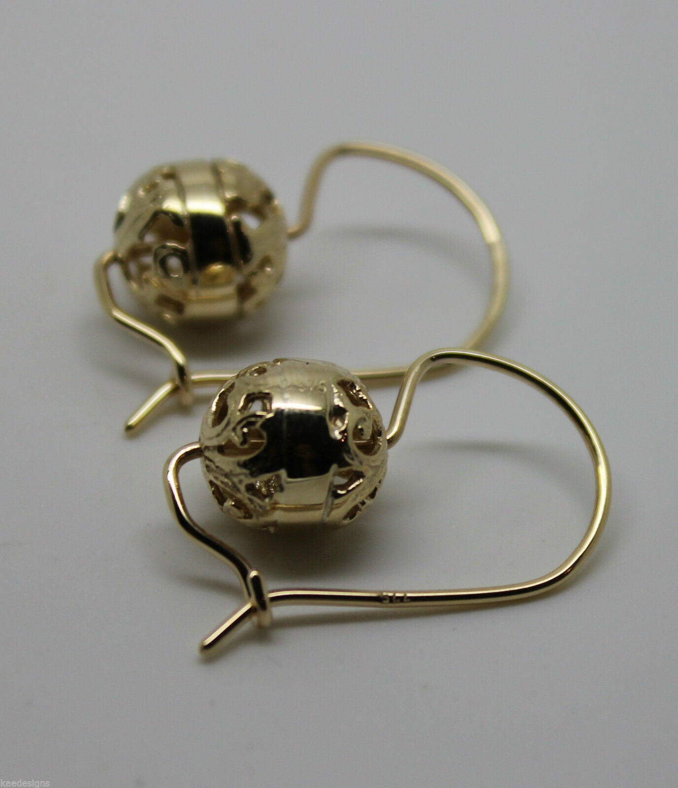 Kaedesigns 9ct Yellow, Rose or White  Gold 8mm Euro Ball Drop Filigree Earrings