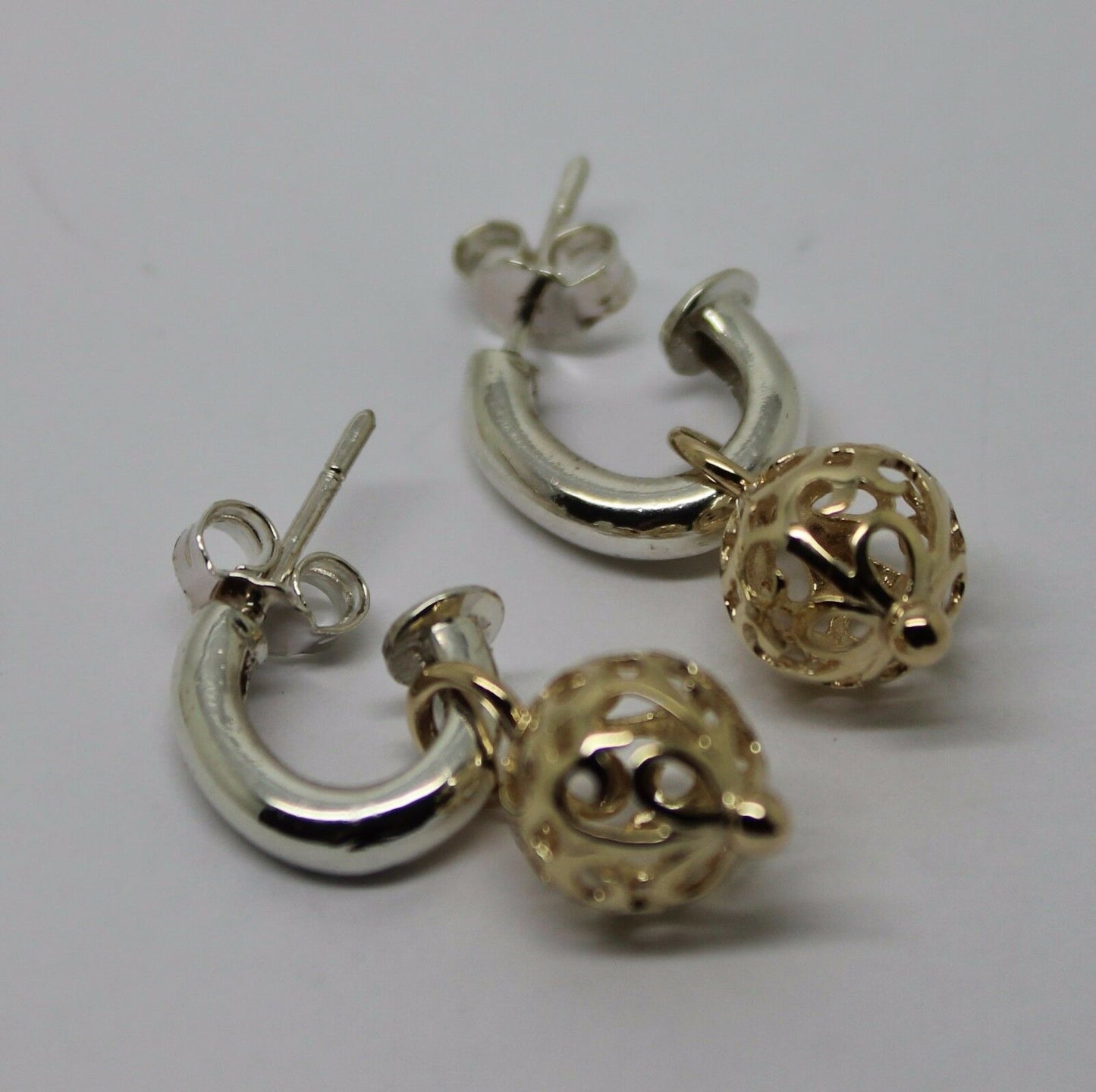 Genuine New 9ct 9k Yellow Gold & Sterling Silver Filigree Ball Stud Earrings