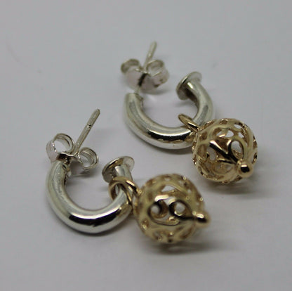 Genuine New 9ct 9k Yellow Gold & Sterling Silver Filigree Ball Stud Earrings