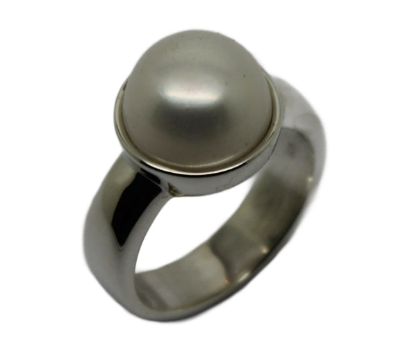 Size S Solid Sterling Silver & Freshwater Pearl Half Ball Ring *Free Post