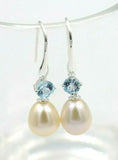 Oval Freshwater Cultured Pearl with 4-Claw 5mm Natural Blue Topaz Hook Earrings