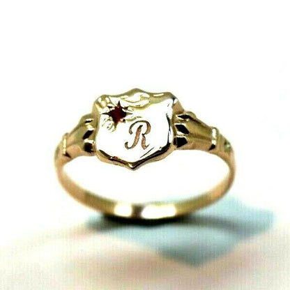 Genuine 9ct Small Yellow, Rose or White Gold Childs Ruby Shield Signet Ring + engraving of 1 initial