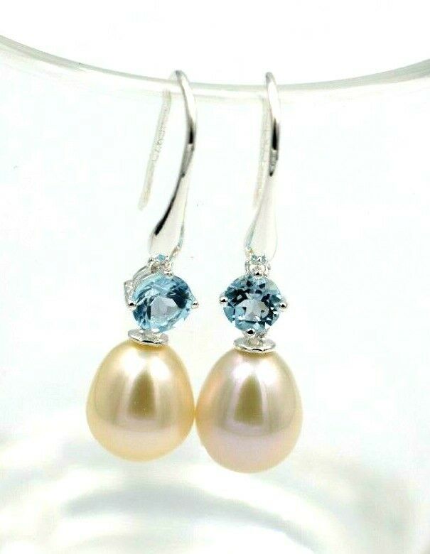 Oval Freshwater Cultured Pearl with 4-Claw 5mm Natural Blue Topaz Hook Earrings