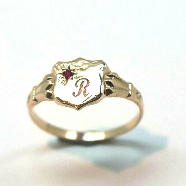 Genuine 9ct Small Yellow, Rose or White Gold Childs Ruby Shield Signet Ring + engraving of 1 initial