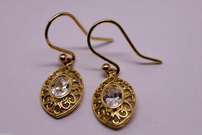 Genuine 9ct 9k Yellow Or White Or Rose Gold White Stone Set Filigree Hook Earrings