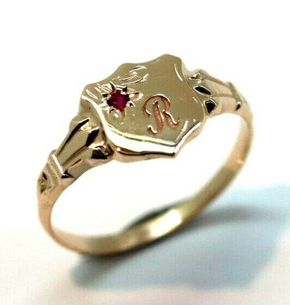 Genuine 9ct Small Yellow, Rose or White Gold Childs Ruby Shield Signet Ring + engraving of 1 initial