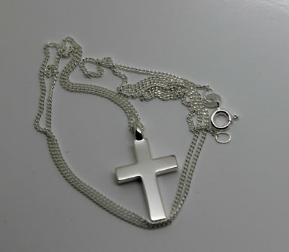 Solid New Sterling Silver 925 Plain Cross Pendant & 55cm Kerb Chain Necklace