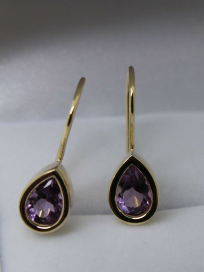 Genuine  9ct Yellow Gold Purple Stone Teardrop Earrings