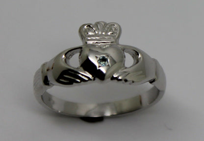 Genuine 9ct 9k 375 White Gold Blue Topaz (Birthstone Of November) Claddagh Ring