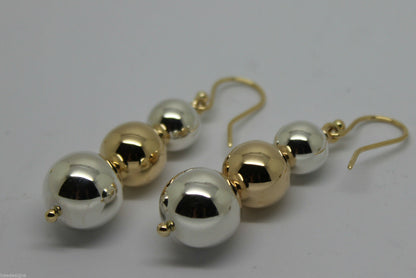 Genuine 9ct Yellow Gold & Sterling Silver 10mm, 12mm + 14mm Three Ball Earrings