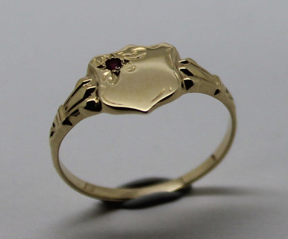 Size K 9ct Small Yellow, Rose or White Gold Garnet (Birthstone For January) Shield Signet Ring