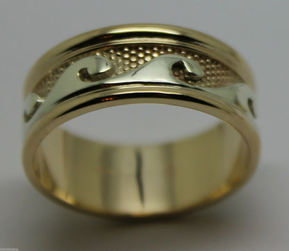 Size Q / 8, Solid Genuine 9ct 9kt Yellow And White Gold Mens Surf Wave Ring