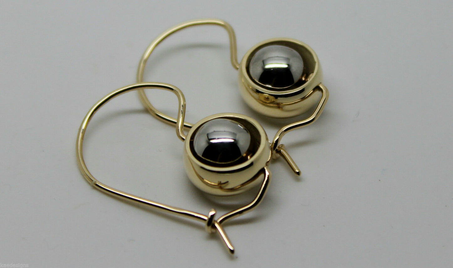 Genuine 9ct 9kt White & Yellow Gold Spinning Belcher Ball Drop Earrings