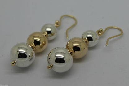 Genuine 9ct Yellow Gold & Sterling Silver 10mm, 12mm + 14mm Three Ball Earrings