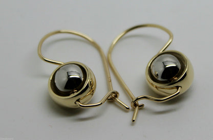 Genuine 9ct 9kt White & Yellow Gold Spinning Belcher Ball Drop Earrings