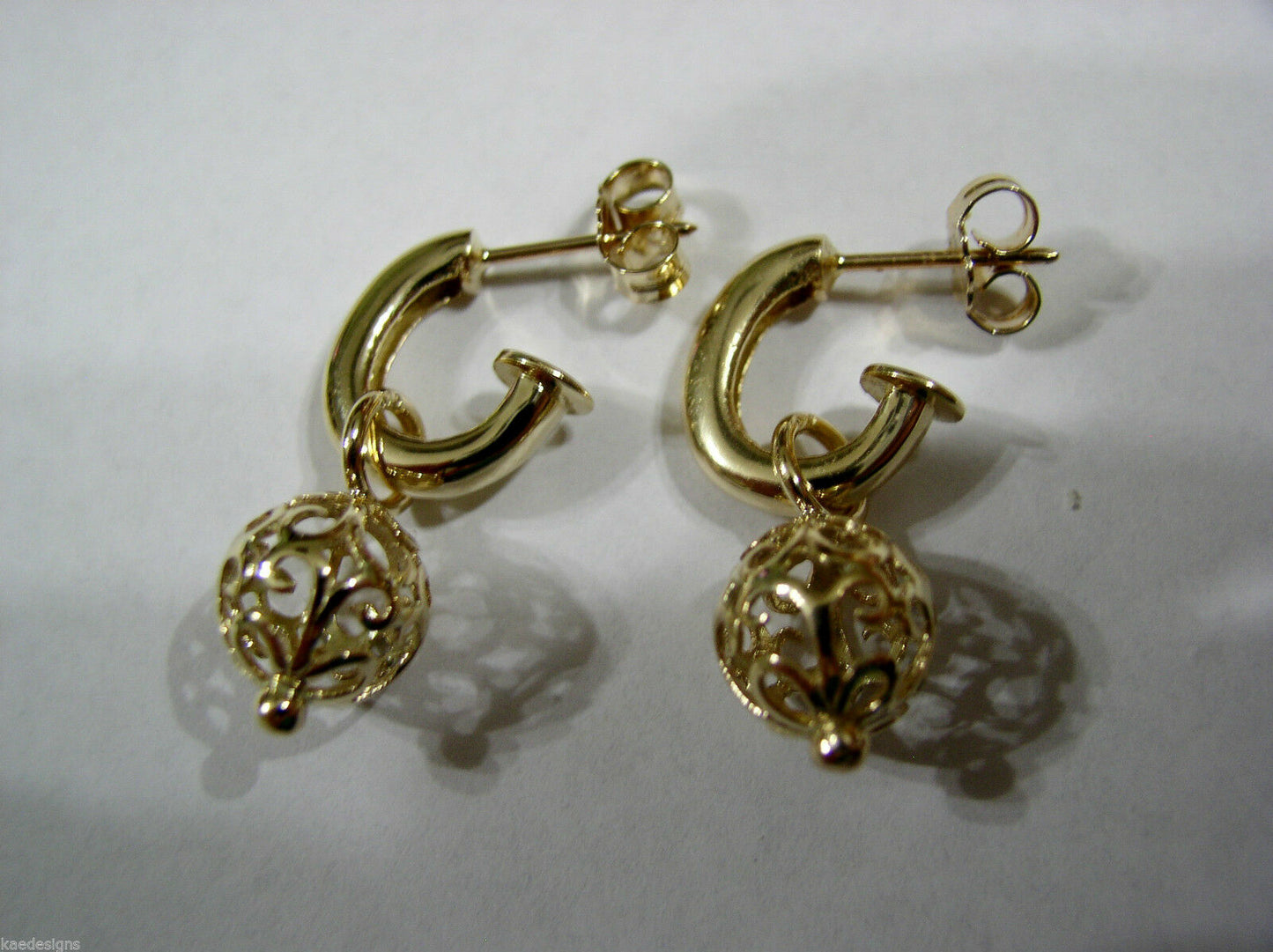 Kaedesigns, New Genuine 9ct Yellow, Rose or White Gold 10mm  Filigree Ball Hook Earrings