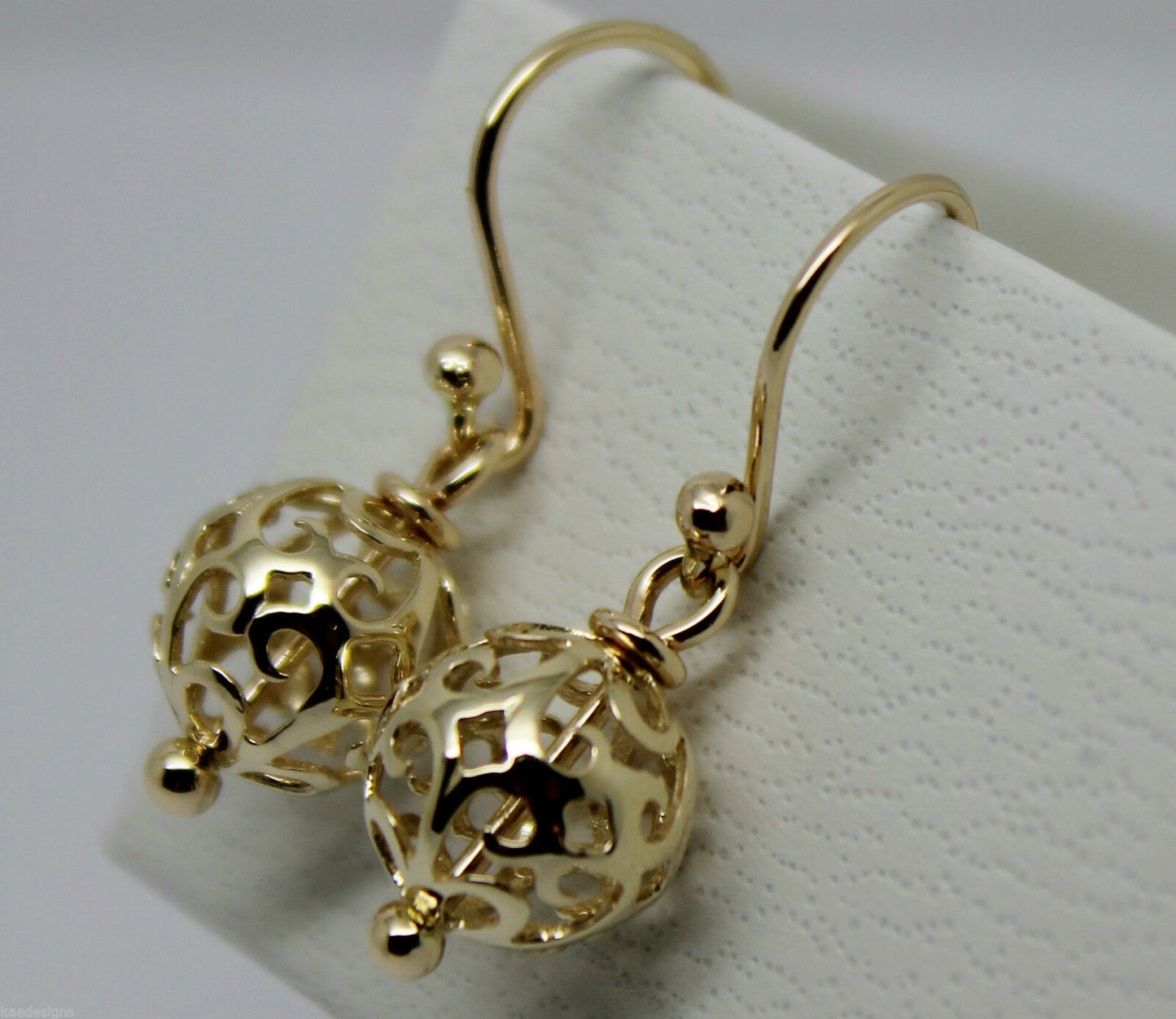 Kaedesigns, Genuine 9ct Yellow, Rose or White Gold 10mm Euro Ball Drop Filigree Earrings