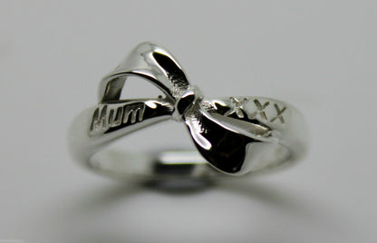 Mothers Day Ring 9ct 9kt Solid Yellow, Rose Or White Gold Bow Ring Engraved With Mum And Kisses