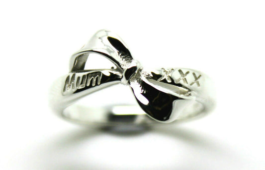 Mothers Day Ring 9ct 9kt Solid Yellow, Rose Or White Gold Bow Ring Engraved With Mum And Kisses