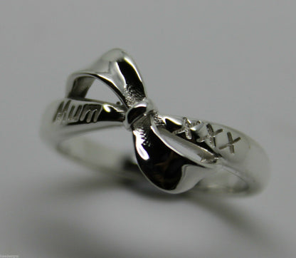 Mothers Day Ring 9ct 9kt Solid Yellow, Rose Or White Gold Bow Ring Engraved With Mum And Kisses