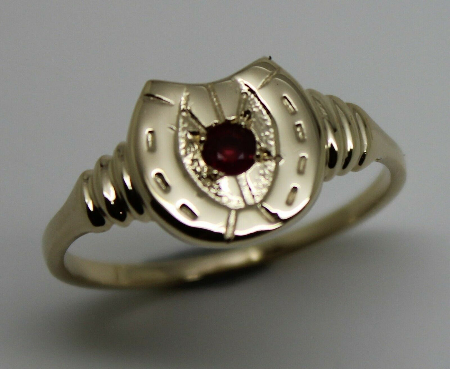 Size V, Large 9ct 9k Genuine Yellow, Rose or White Gold 3mm Ruby Lucky Horse Shoe Ring GOLD 3mm RUBY LUCKY HORSE SHOE RING