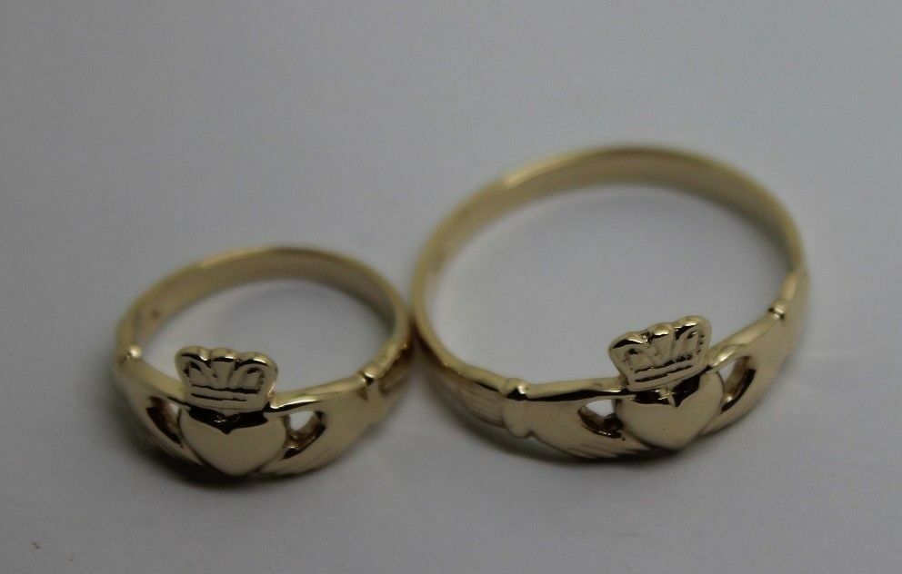 Genuine His & Hers Set Solid 9ct Yellow, Rose or White Gold Celtic Claddagh Wedding Bands Couple Rings